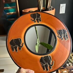 Artistic 15.5" Elephant Motif Orange Wood Wall Mirror Indonesia